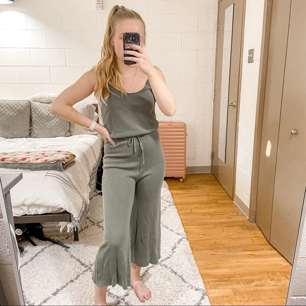 Lulus True Friends Knit Culotte Jumpsuit Olive Green Wide Leg Cropped Drawstring